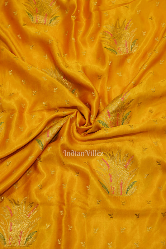 Authentic Mustard Yellow with Golden Broder Mashru Satin Silk Banarasi Saree