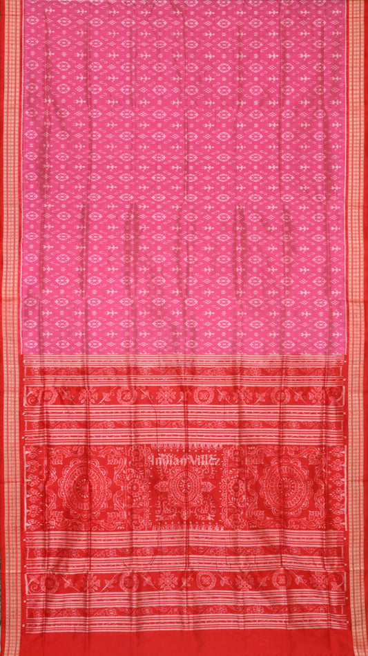 Baby Pink Red Tribal Theme Sambalpuri Silk Saree 