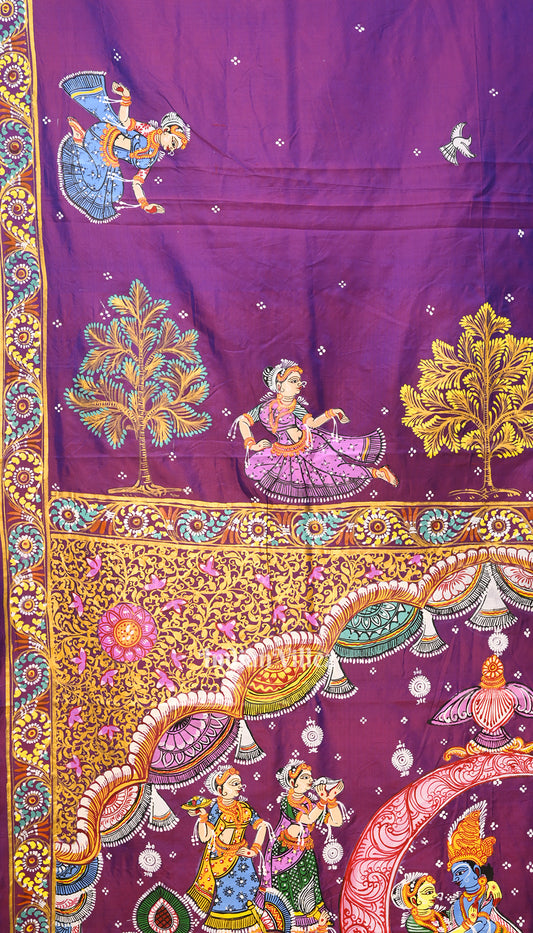 Purple Dual Tone Ardha Chandra  Krishna Rasa Leela Hand-Painted Pattachitra Saree