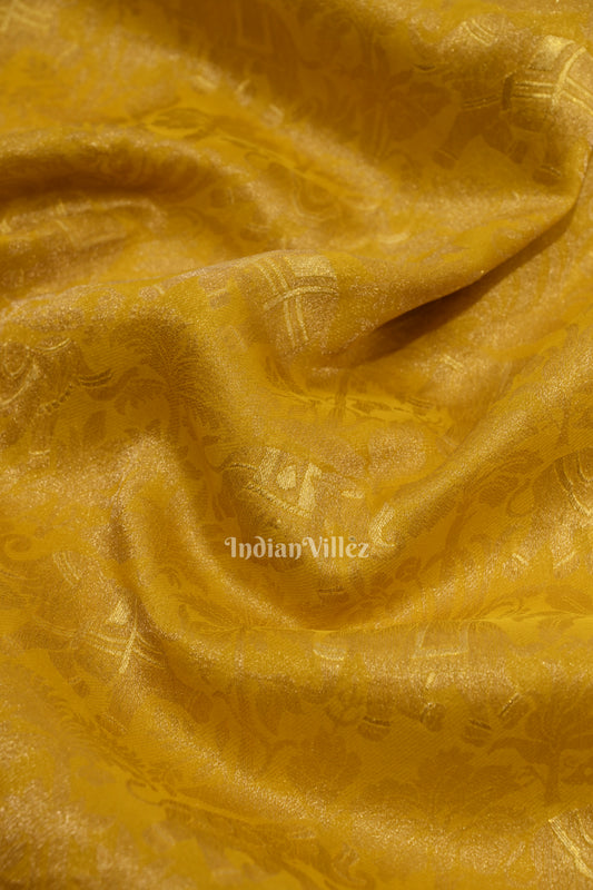 Golden Yellow Tussar Banarasi Silk Saree with Tassels 