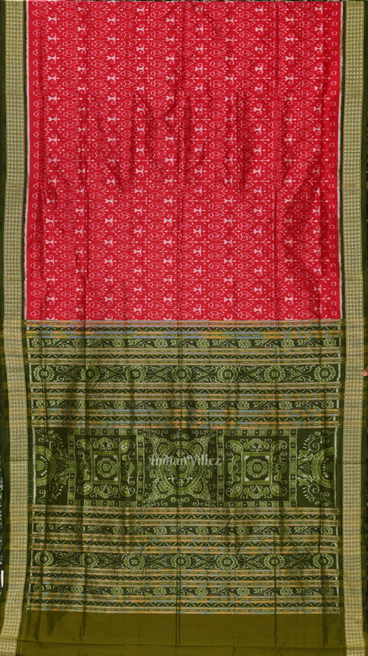  Cherry Red With Mehendi Tribal Theme Sambalpuri Silk Saree