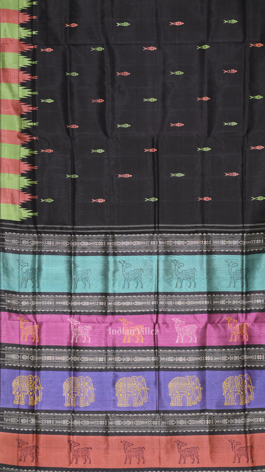 Black with Fish Motif Double Pallu Berhampuri Silk Saree