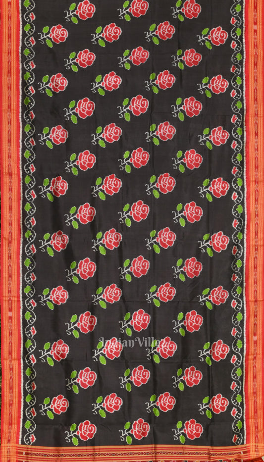 Black Red Rose Flower Theme Khandua Silk Saree 