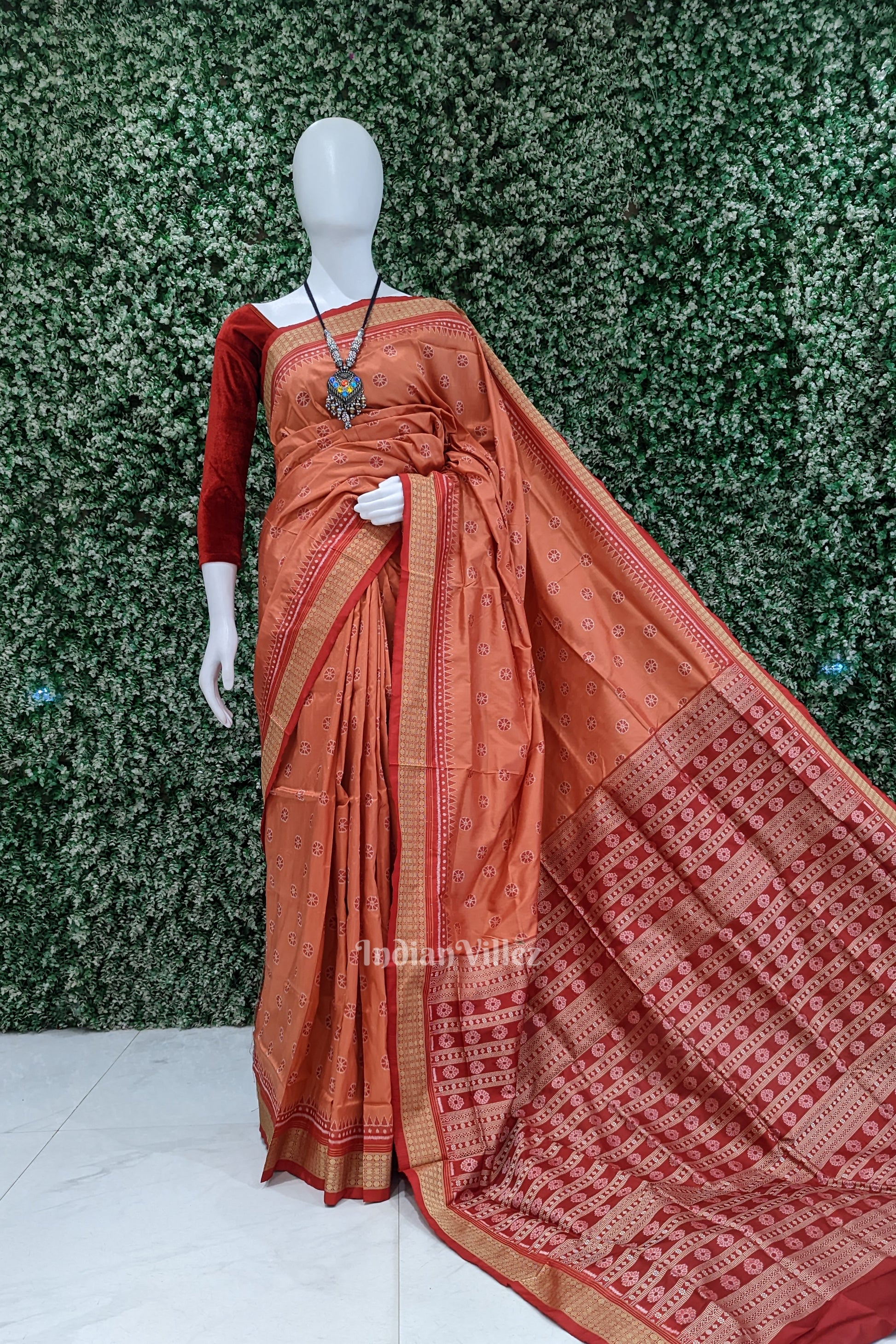 Carrot Orange Floral Sambalpuri Ikat Silk Saree