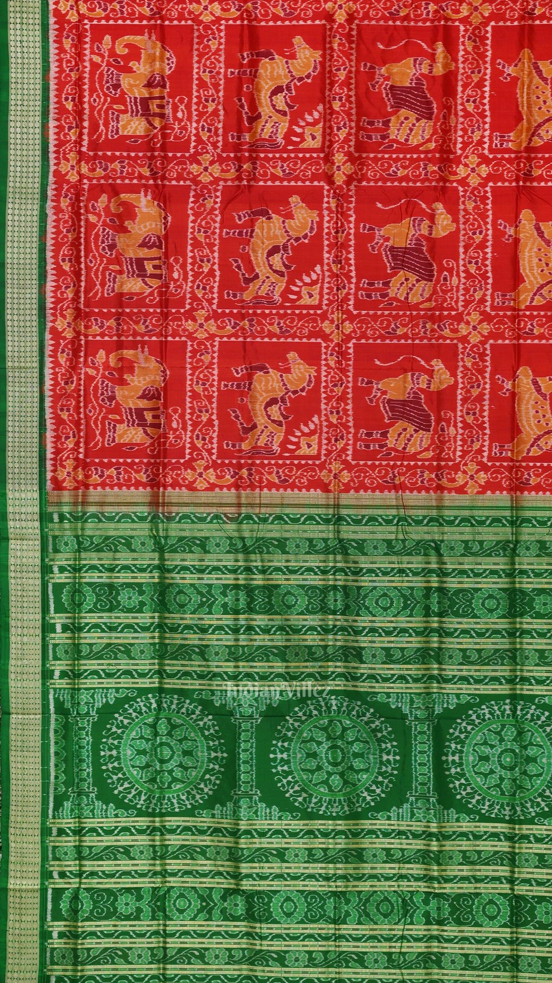 Red Green Animal Theme Sambalpuri Silk Saree