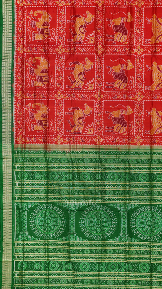 Red Green Animal Theme Sambalpuri Silk Saree