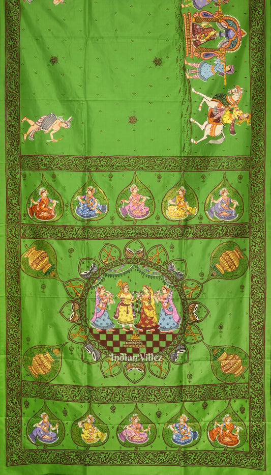 Green Doli Barat With Marriage Theme Hand-Painted Pattachitra Saree