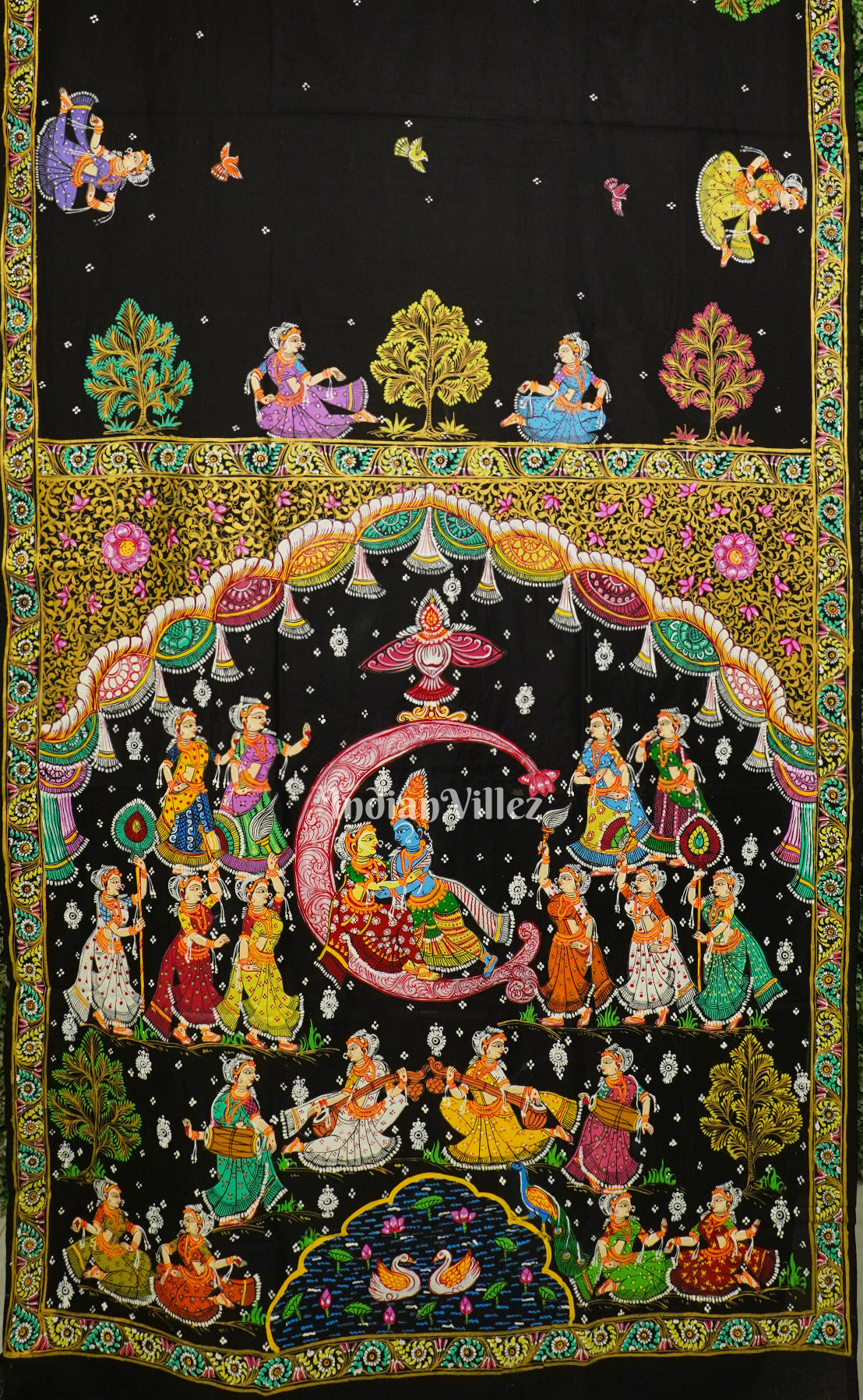 Black Ardha Chandra  Krishna Rasa Leela Pattachitra Silk Saree