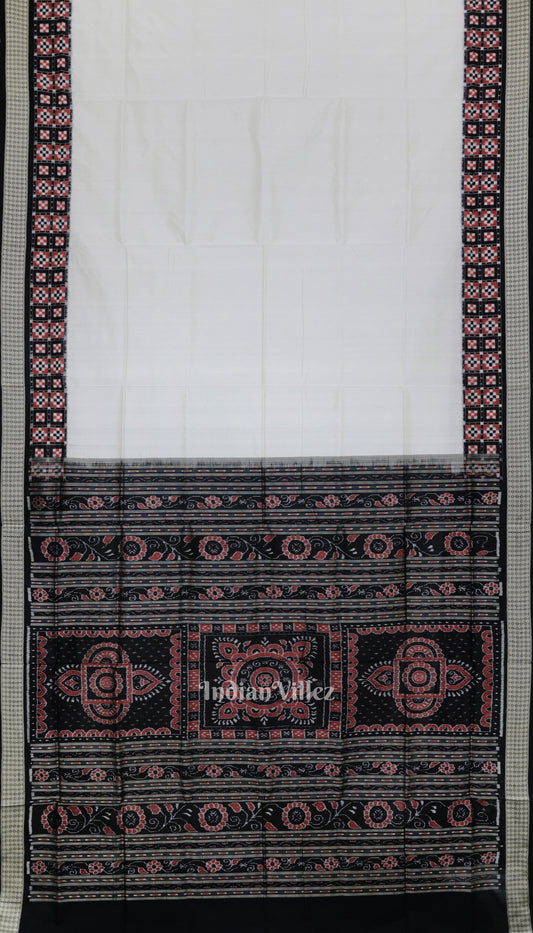 White Black Pasapali Border Design Odisha Ikat Bomkai Silk Saree