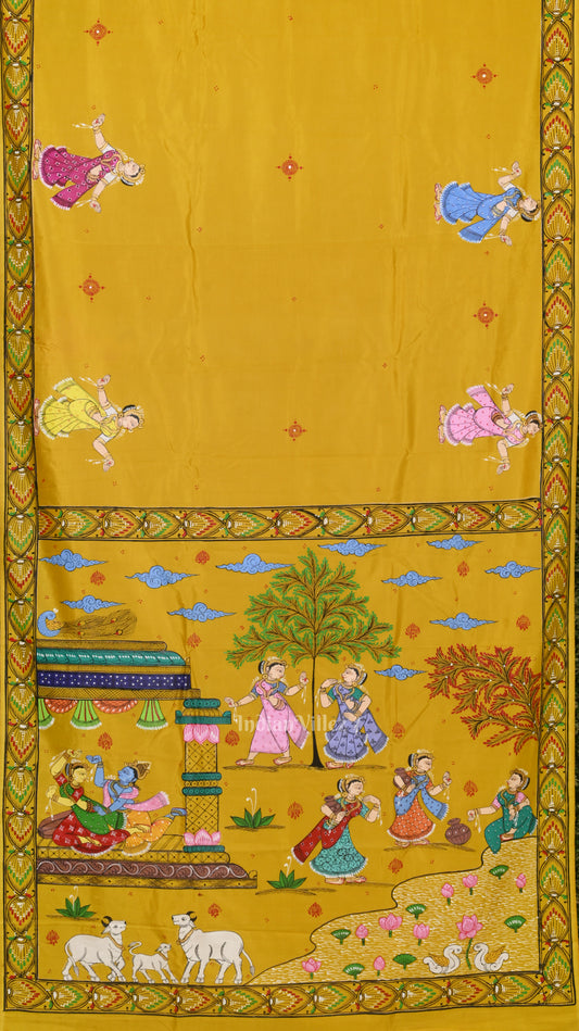 Yellow Radha Krishna Rasa Leela Hand-Painted Pattachitra Saree