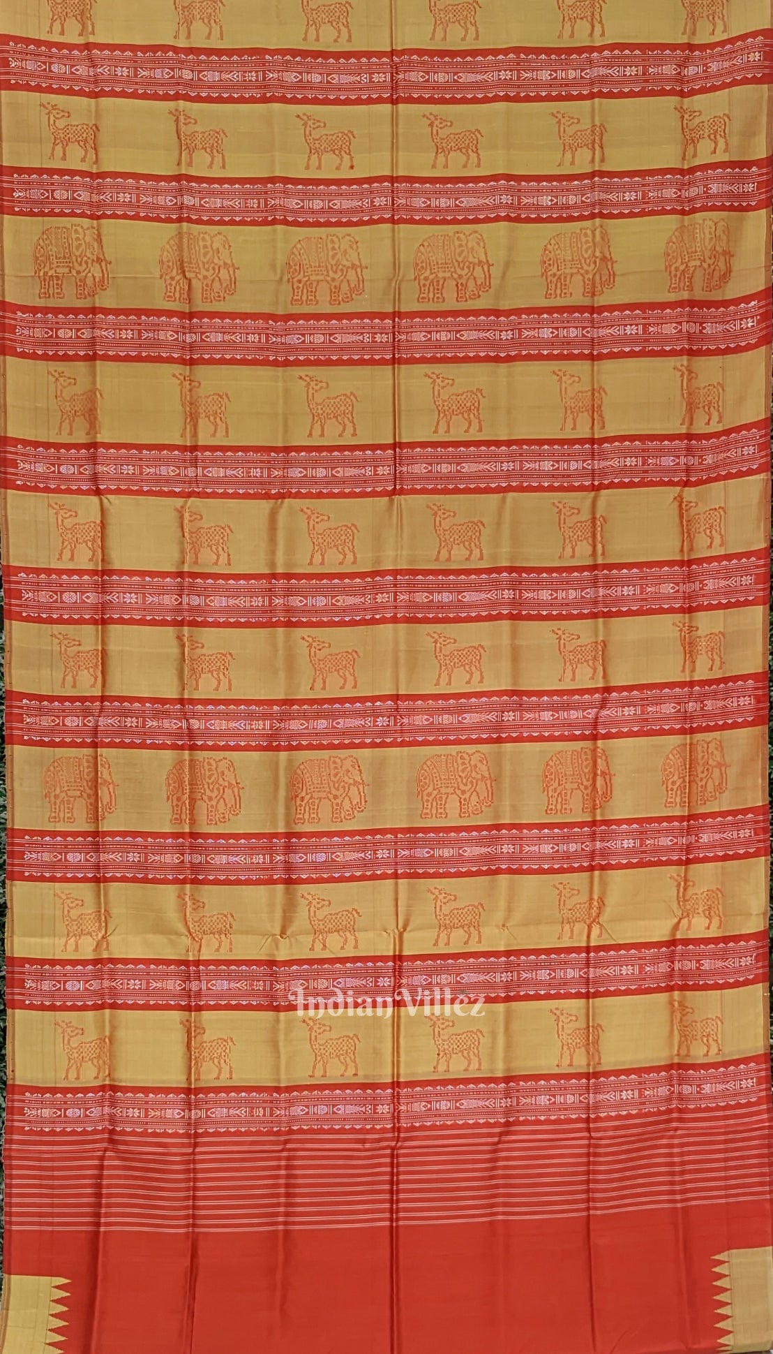 Golden Red Fish Motif Double Pallu Berhampuri Silk Saree