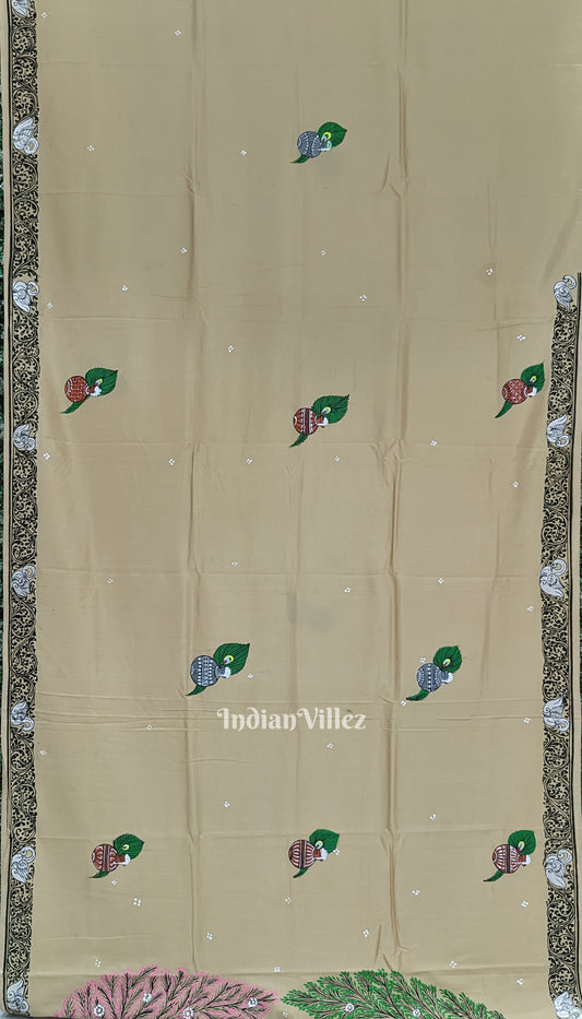 Honey Gold Krishna Rasleela Pattachitra Khadi Silk Saree