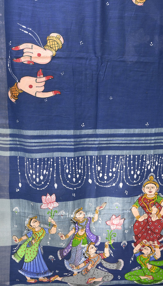 Sky Blue Mudra Theme Hand-Painted Pattachitra Linen Saree With Zari Border