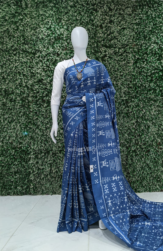 Peacock Blue Tribal Art Contemporary Odisha Handloom Silk Saree