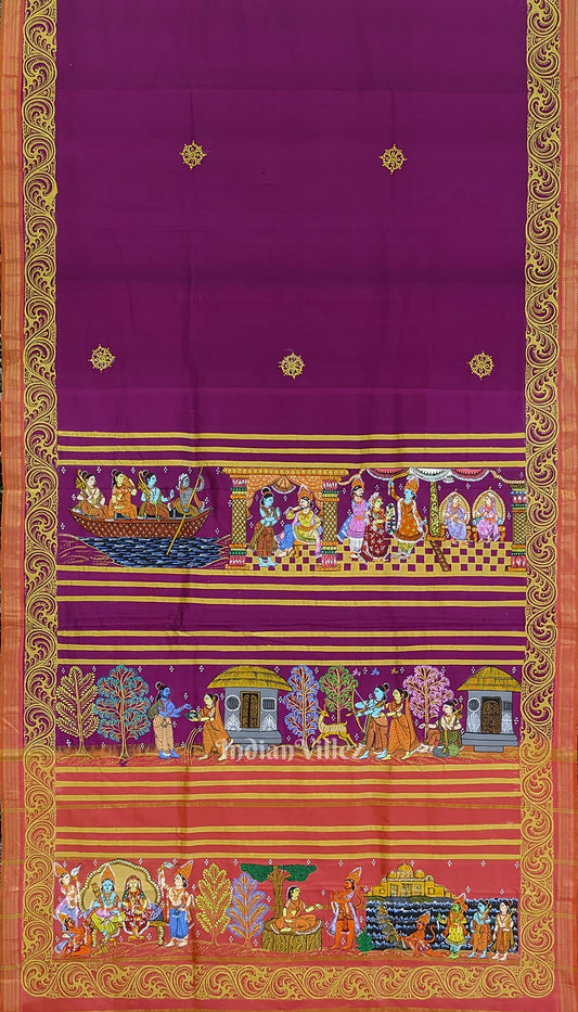 Deep Maroon Sita Vivah Theme Hand-Painted Pattachitra Saree