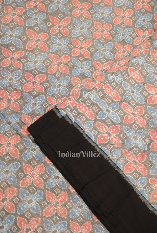 Cement Black Floral Motif Sambalpuri Ikat Cotton Fabric 