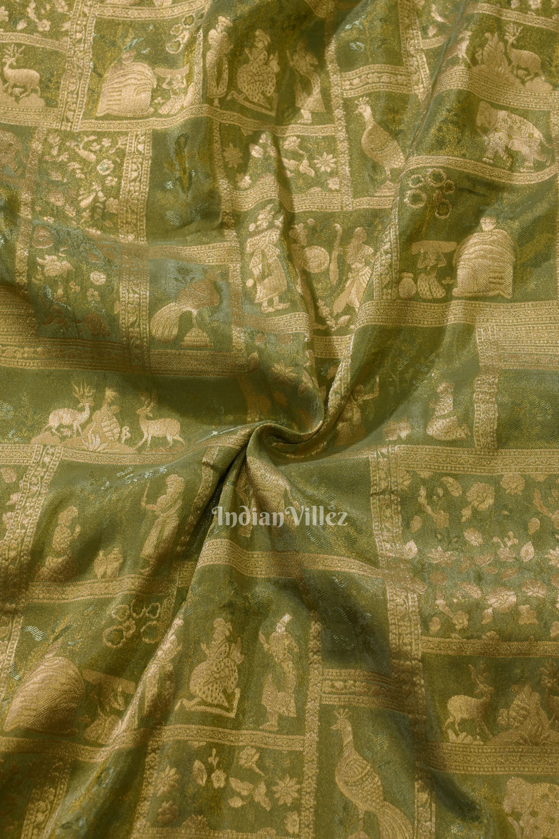 Parrot Green Shikargah Theme Banarasi Katan Tissue Saree