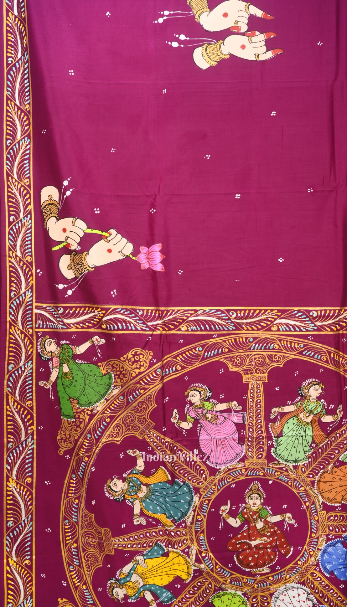 Maroon Chandua Theme Hand-Painted Pattachitra Saree