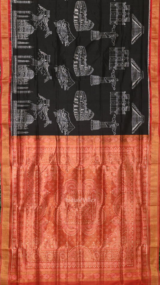 Pure Black Half Tissue Sambalpuri Silk Saree ( 7 Wonders of the World)