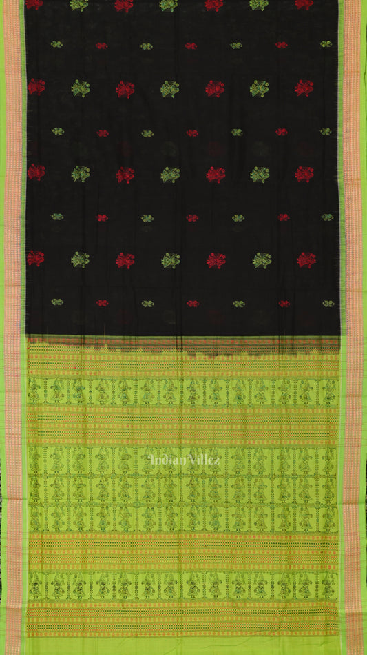 Black Parrot Green Odisha Handloom Doll Theme Bomkai Cotton Saree