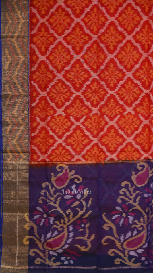 Red Blue Pochampally Ikat Sico (Silk & Cotton) Saree with Zari Border