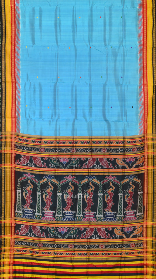 Surf Blue Kathiphera   Khandua Silk Saree with Odishi Dancer Pallu