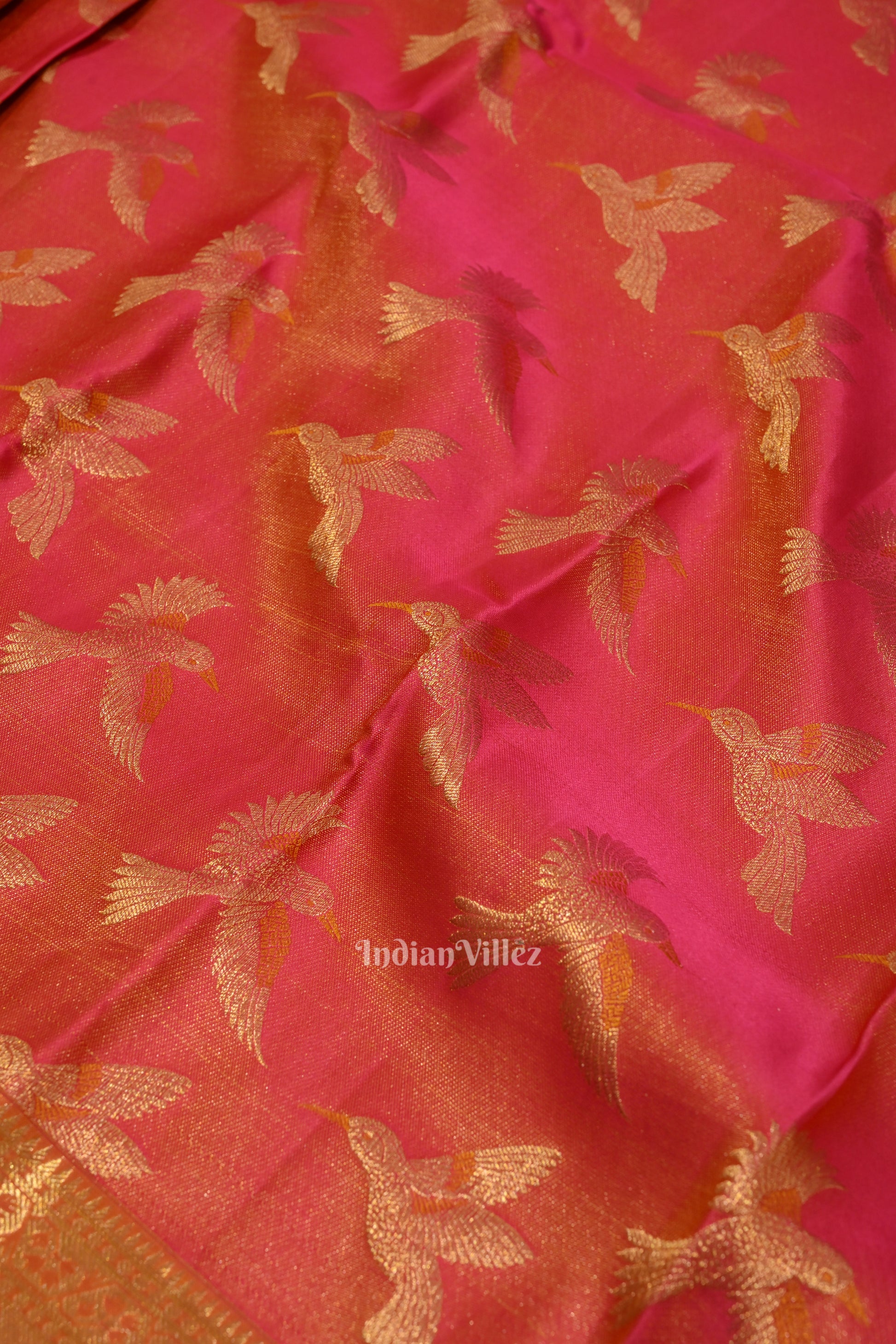 Pink With Mustard Yellow Bird Theme Pure Kanjivaram Silk Saree