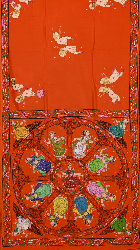 Orange Konark Chakra Nartaki Hand-Painted Pattachitra Saree 