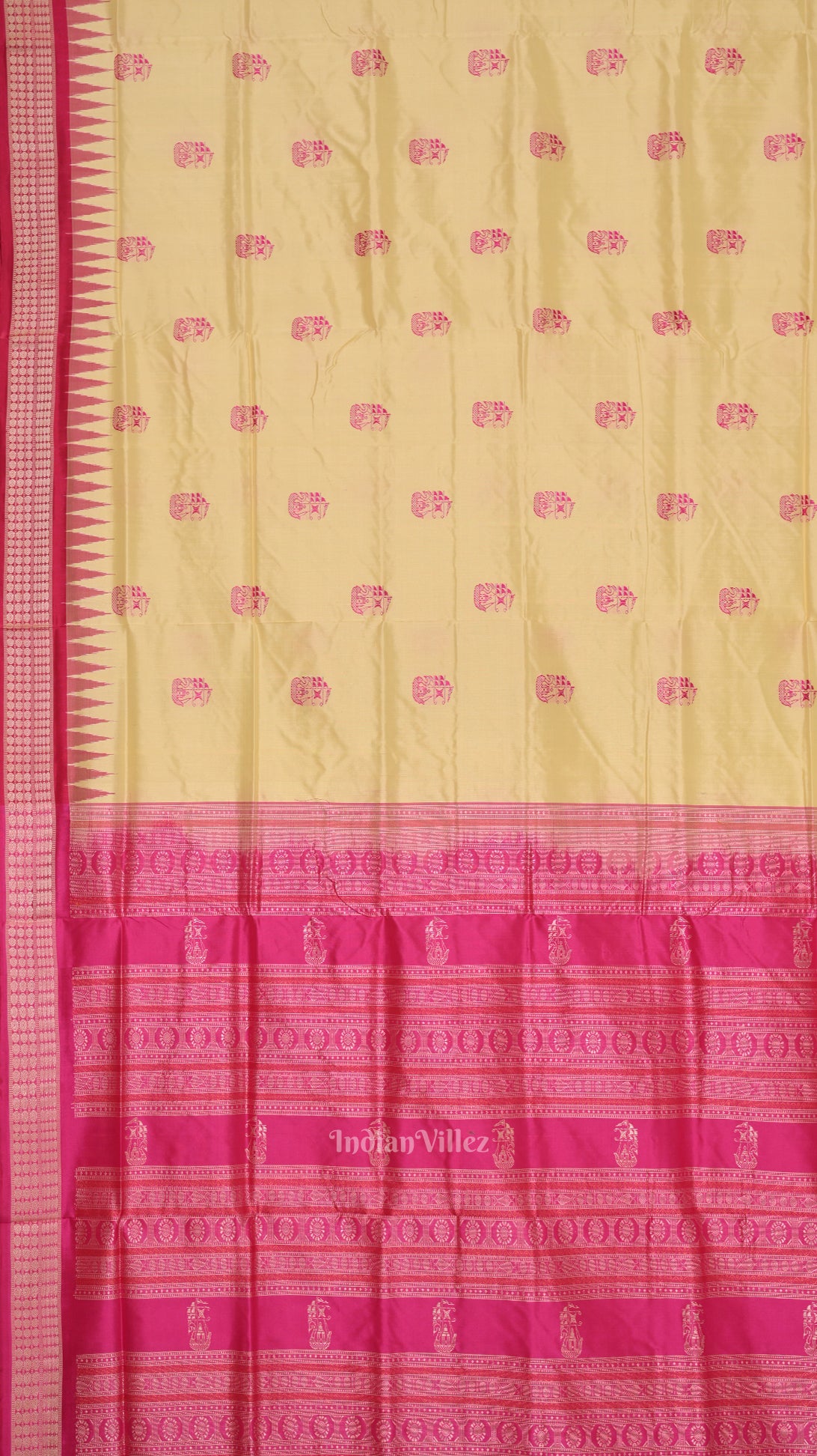 Cream Rani Pink Boita Design Bomkai  Sambalpuri Silk Saree 