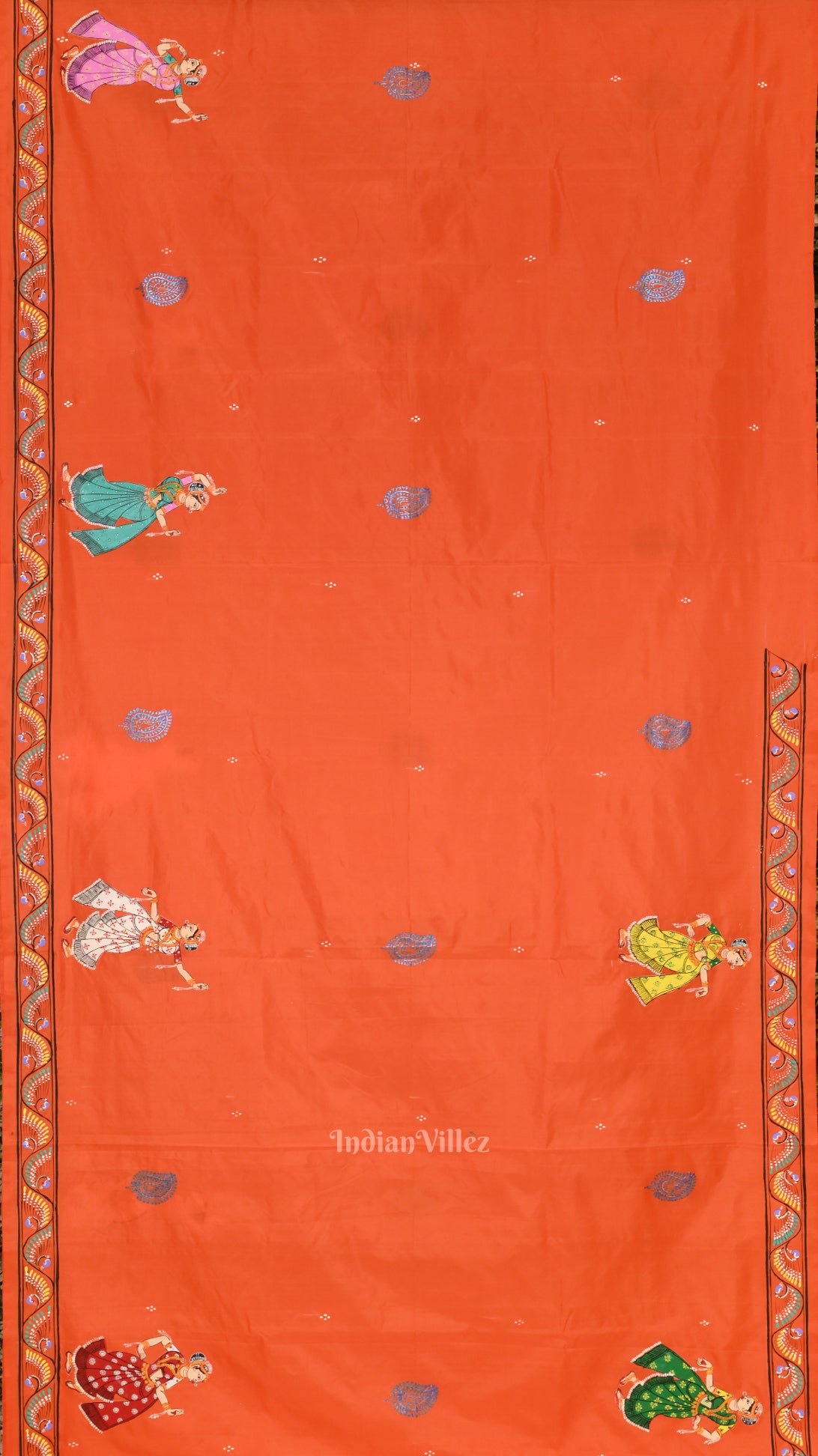 Deep Orange Radha Krishna Boita Hand-Painted Pattachitra Saree 