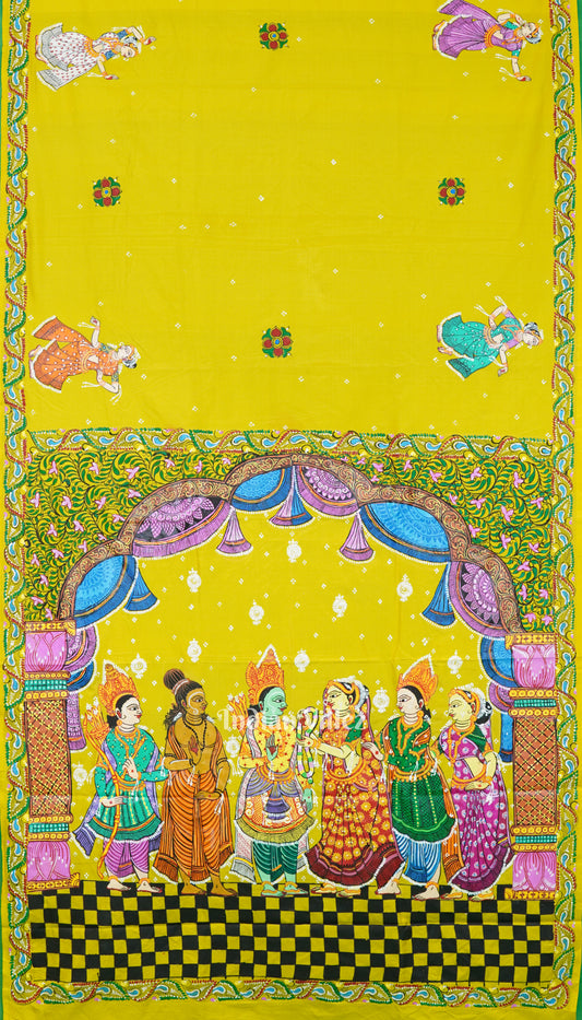 Yellow Ram Sita Vivah Theme Pattachitra Saree