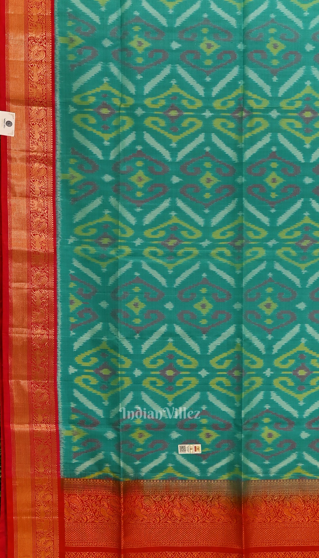 Aqua Blue with Red Pochampally Ikat Silk Saree 