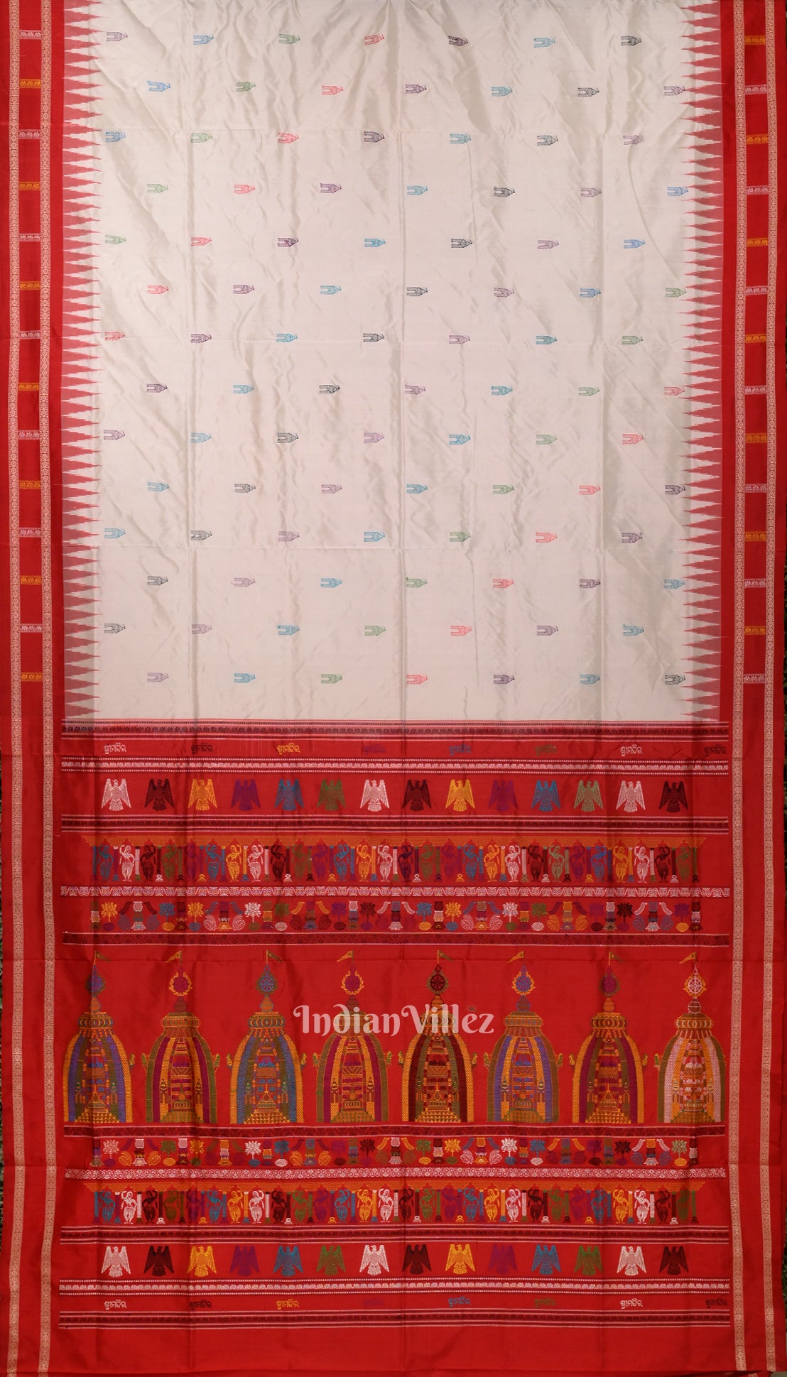 White Red Odisha Ikat Shri Mandir Sambalpuri Silk Saree