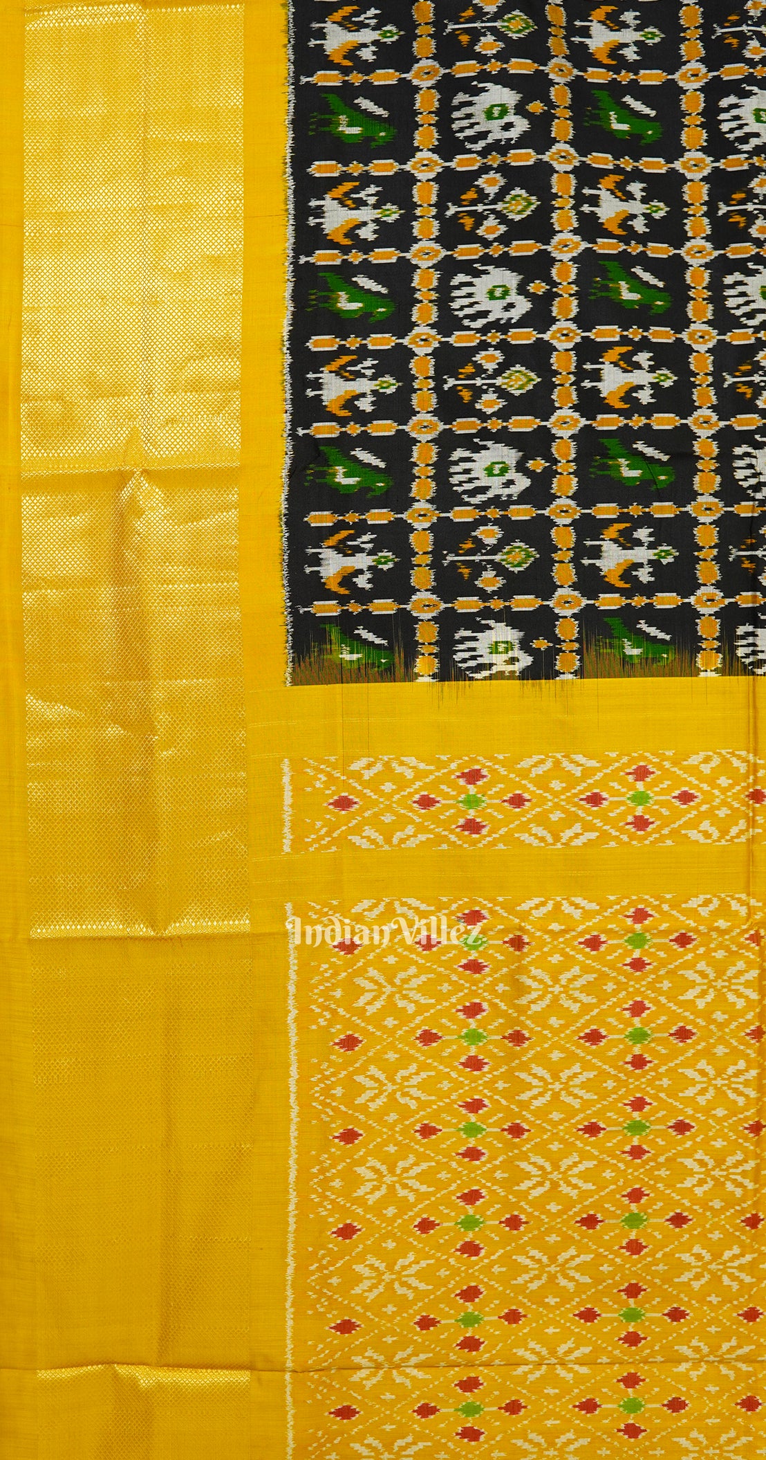 Black Yellow Nature Wildlife Design Pochampally Ikat Silk Saree