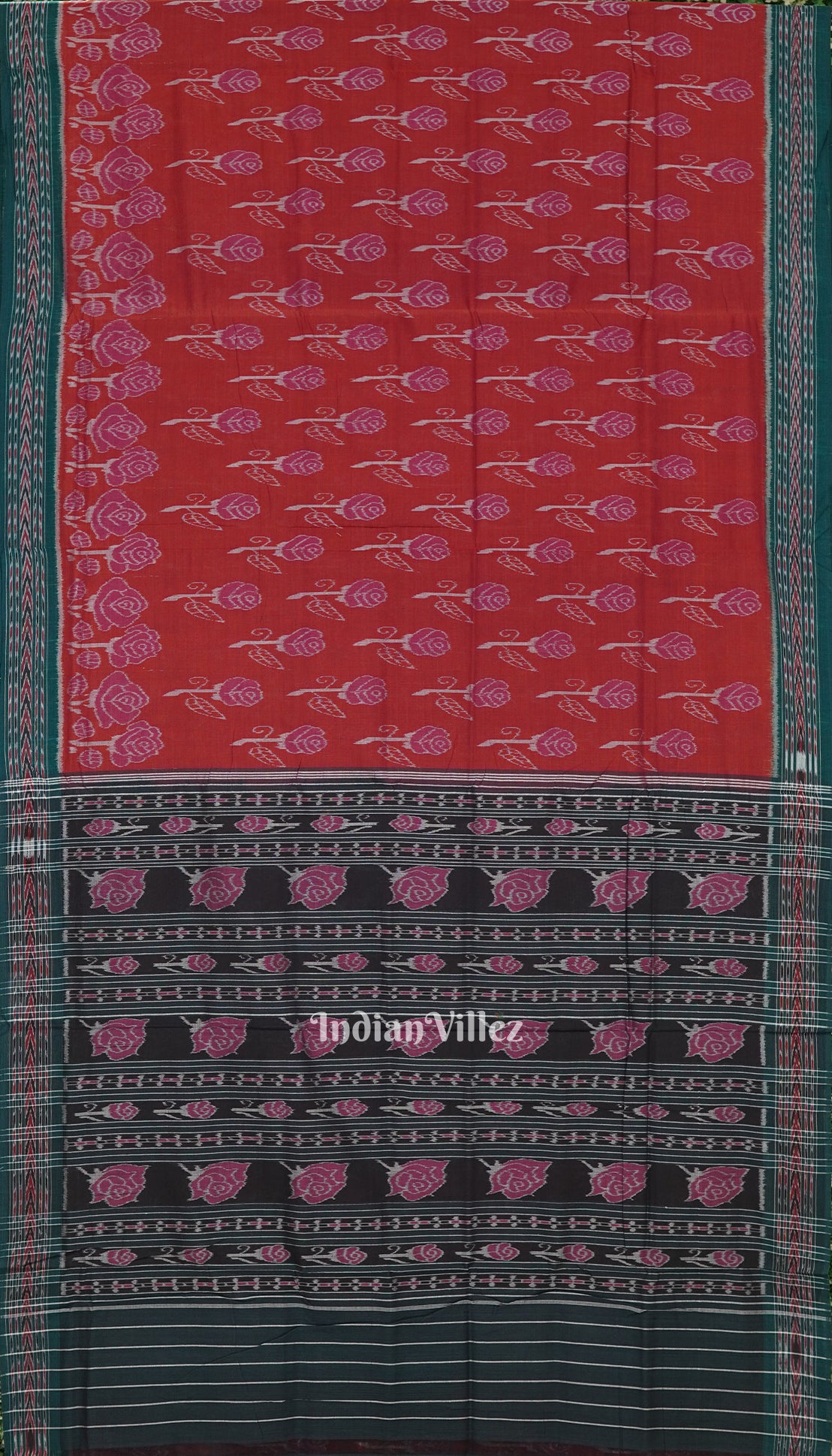 Red Maniabandha Rose Flower Motif Cotton Saree