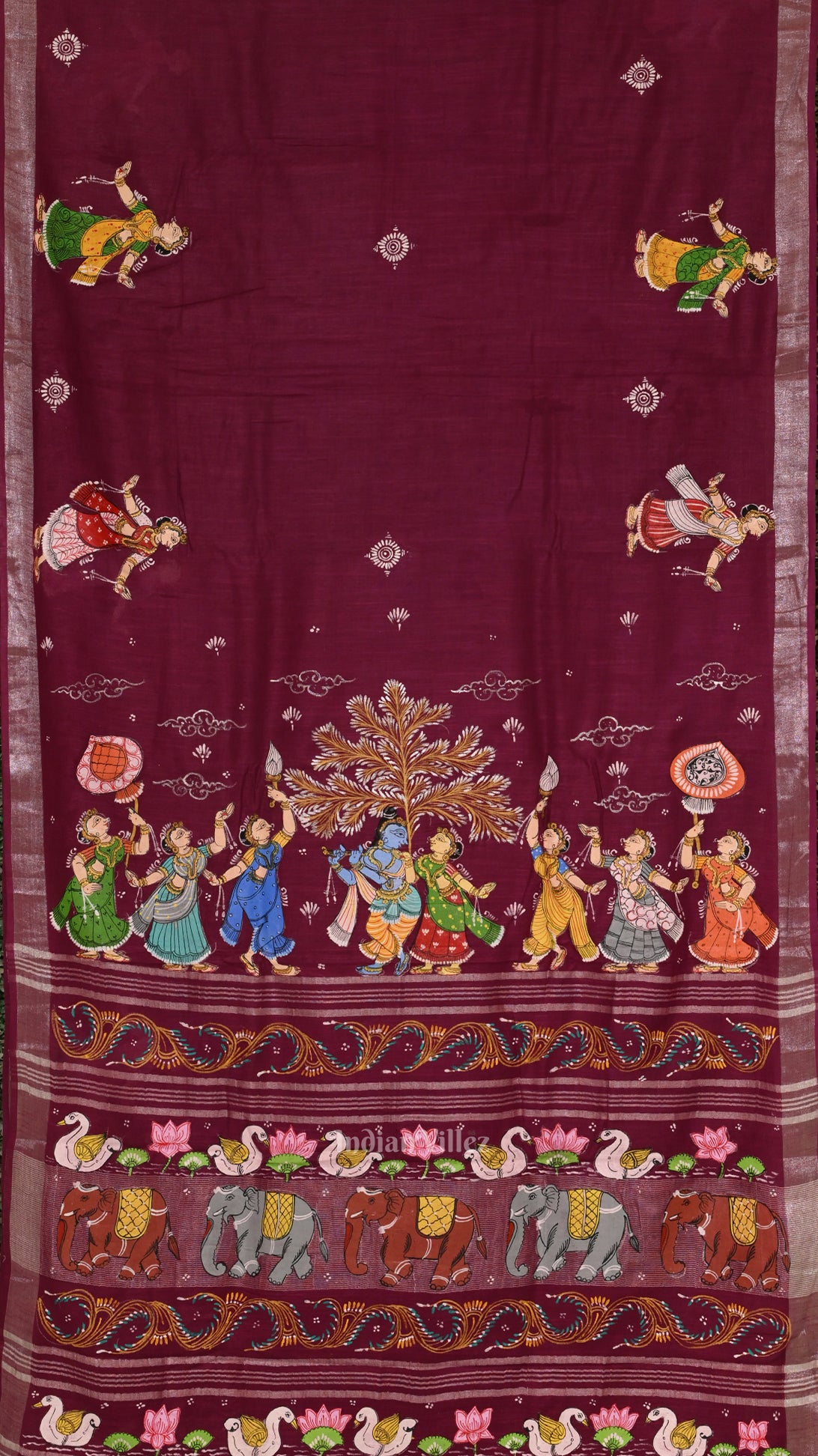 Wine Radha Krishna Hand-Painted Pattachitra Saree