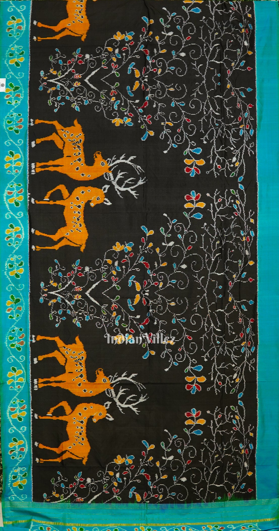 Black Golden Yellow Dear Theme Pochampally Ikat Silk Saree