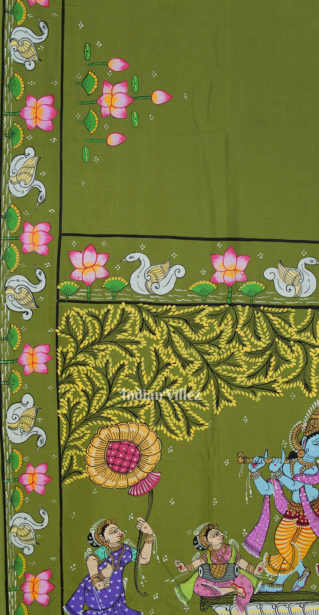 Mehndi Green Krishna Rasa Leela & Lotus Theme Pattachitra Silk Saree