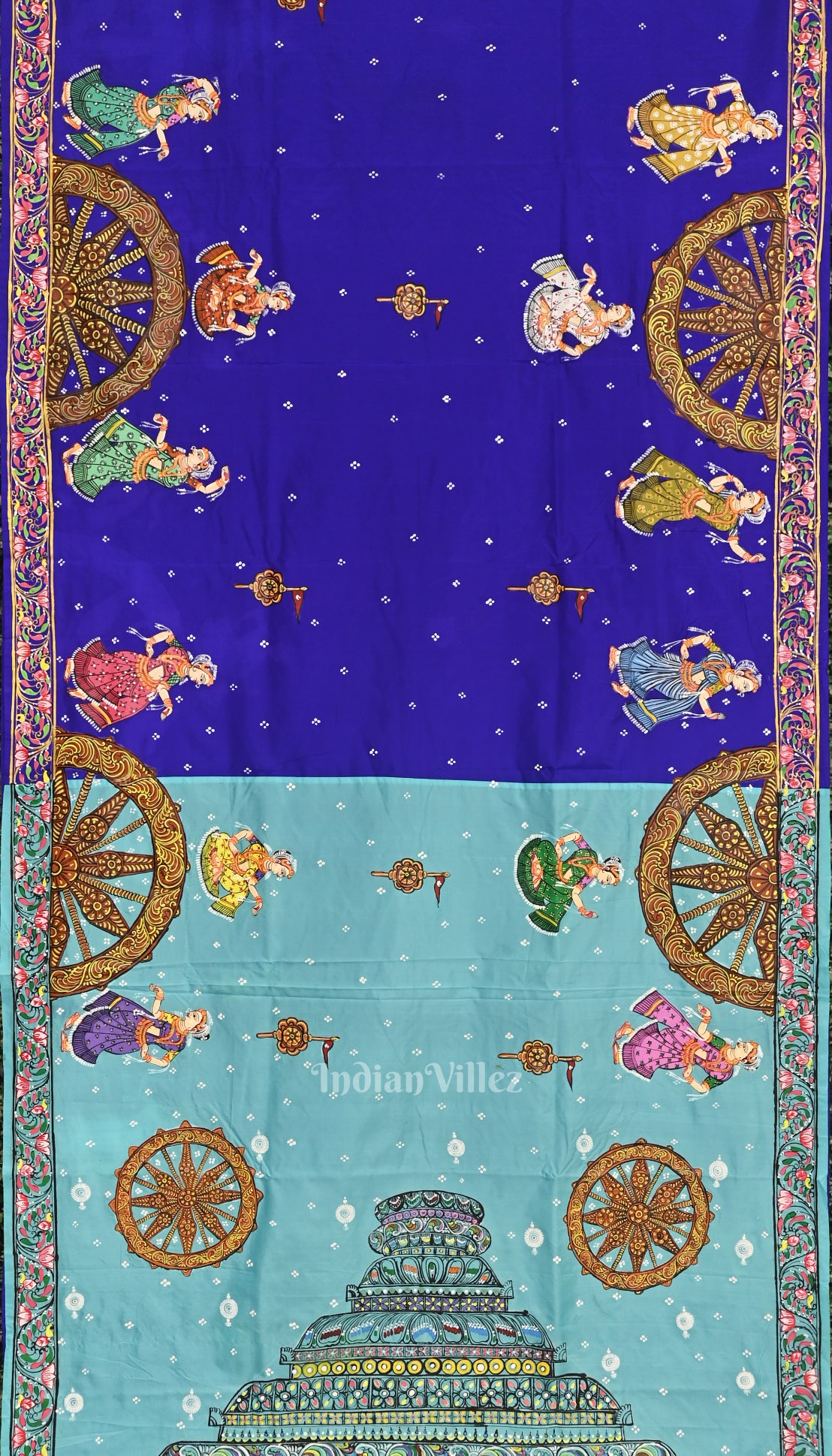 Copper Sulphate Nartaki Konark Temple Hand-Painted Pattachitra Saree