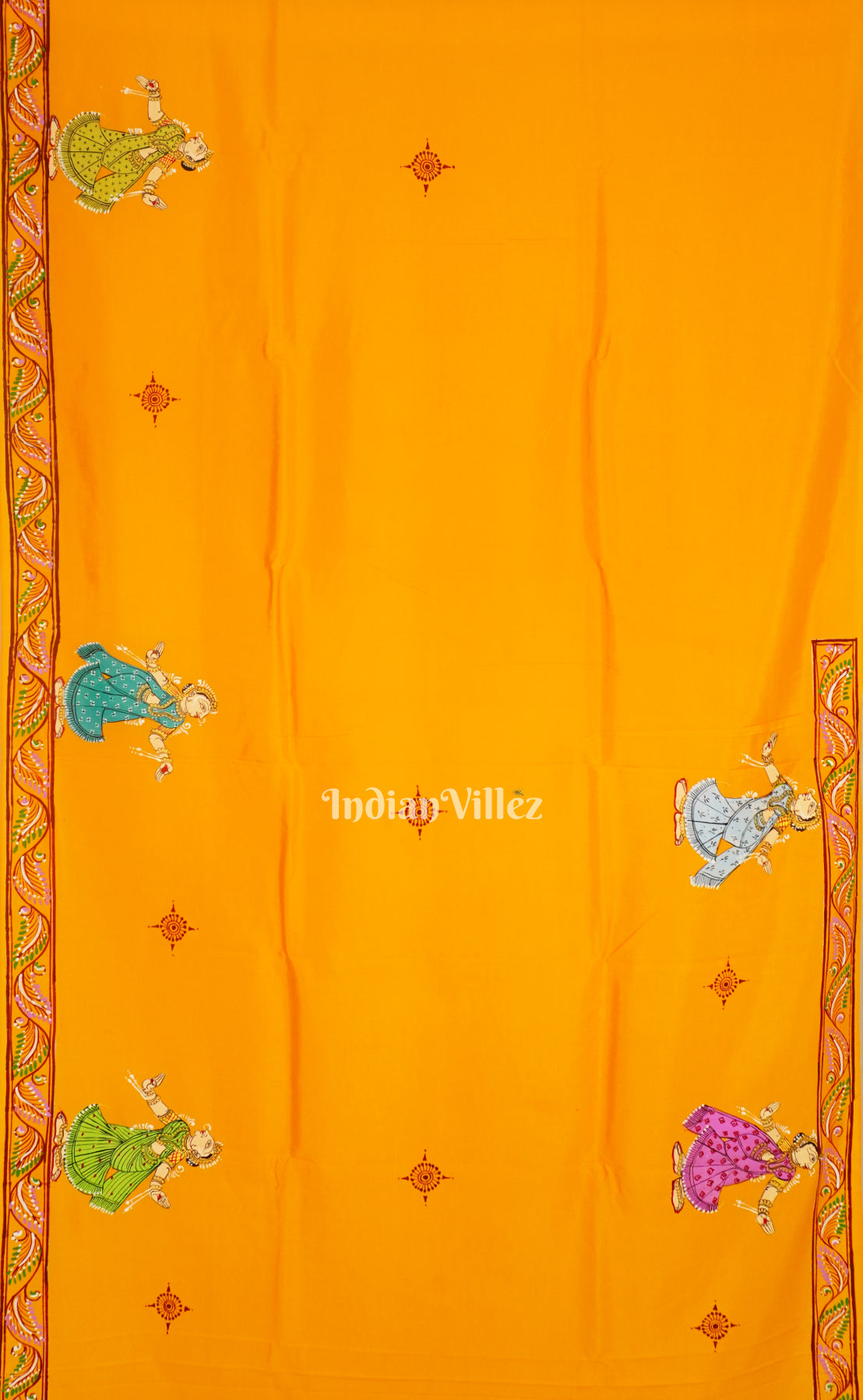 Yellow Krishna Rasa Leela Theme Pattachitra Silk Saree