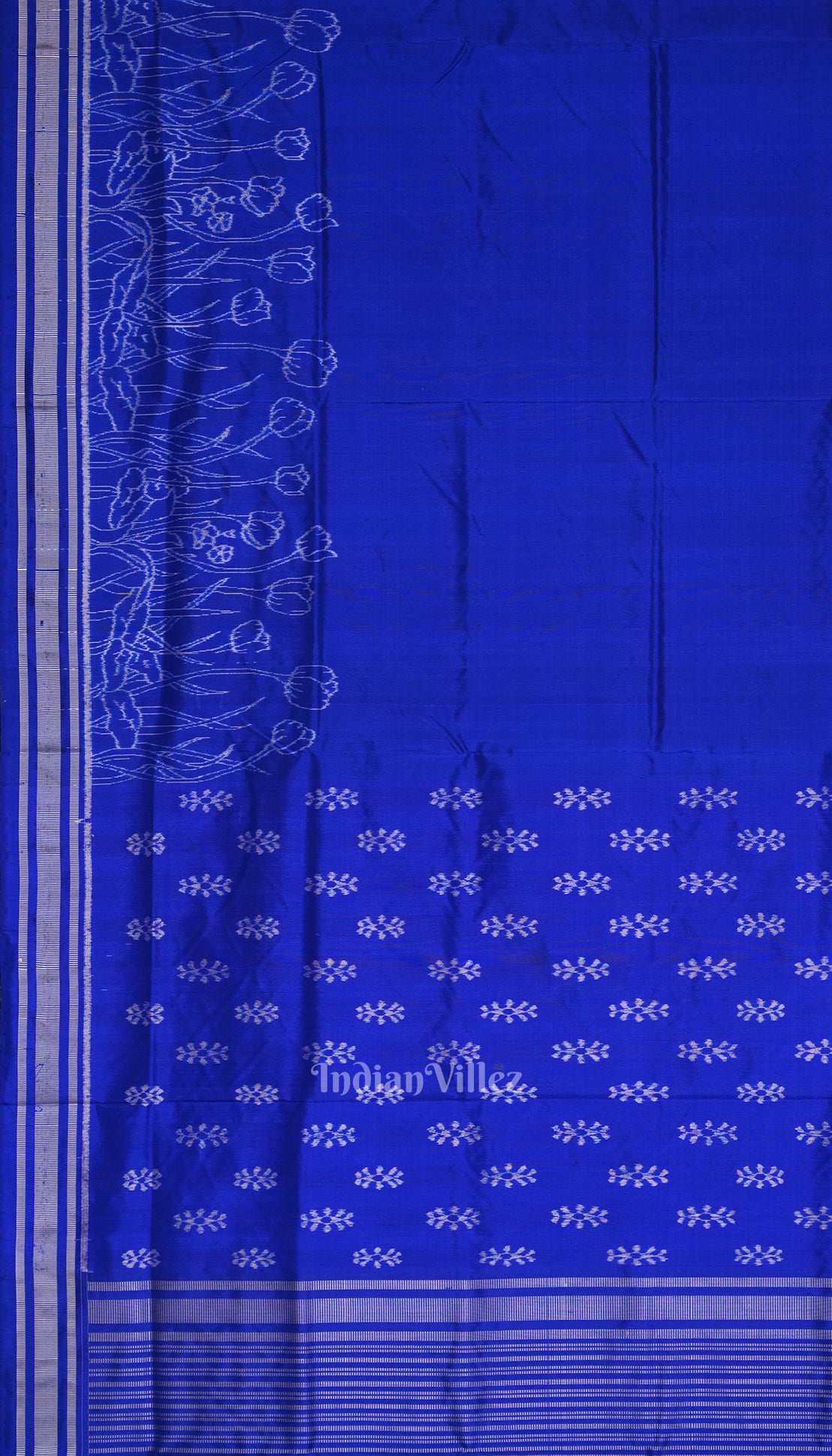 Royal Blue Silver Rose Theme Contemporary Silk Saree