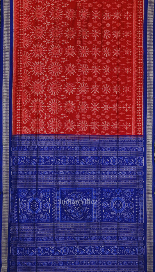 Red with Royal Blue Odisha Ikat Sambalpuri Silk Saree