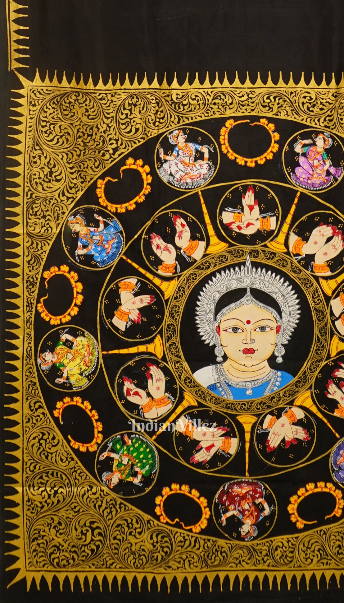 Black Nartaki Mudra Theme Pattachitra Silk Saree