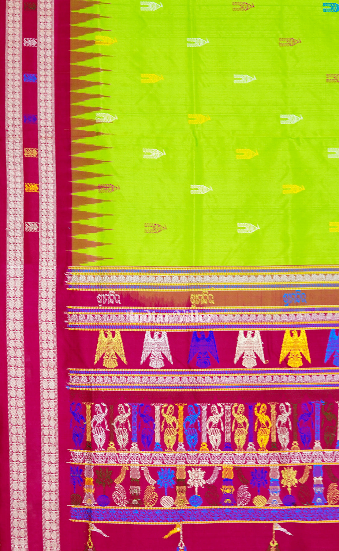 Parrot Green Temple Sambalpuri Ikat Bomkai Silk Saree