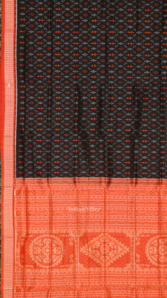 Black Orange Tribal Theme Sambalpuri Silk Saree