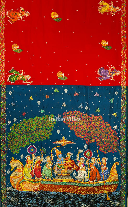 Teal And Red Krishna Radha With Boita Theme Pattachitra Silk Saree