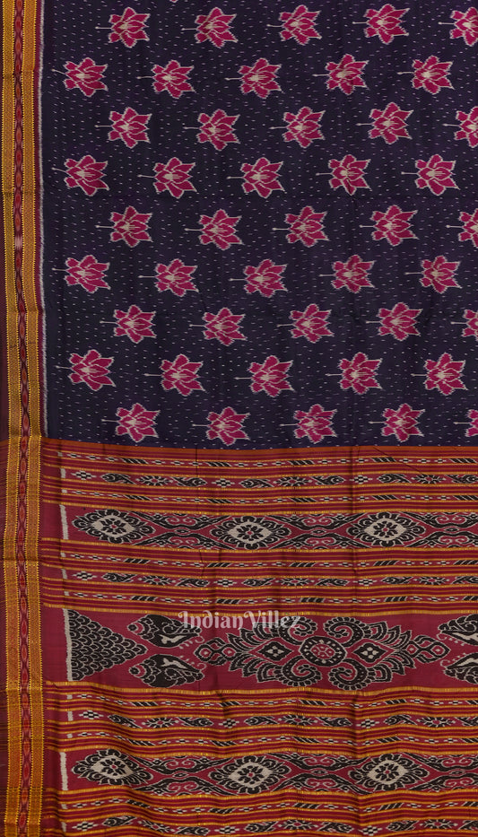 Dark Blue Lotus Design Odisha Ikat Khandua Silk Saree