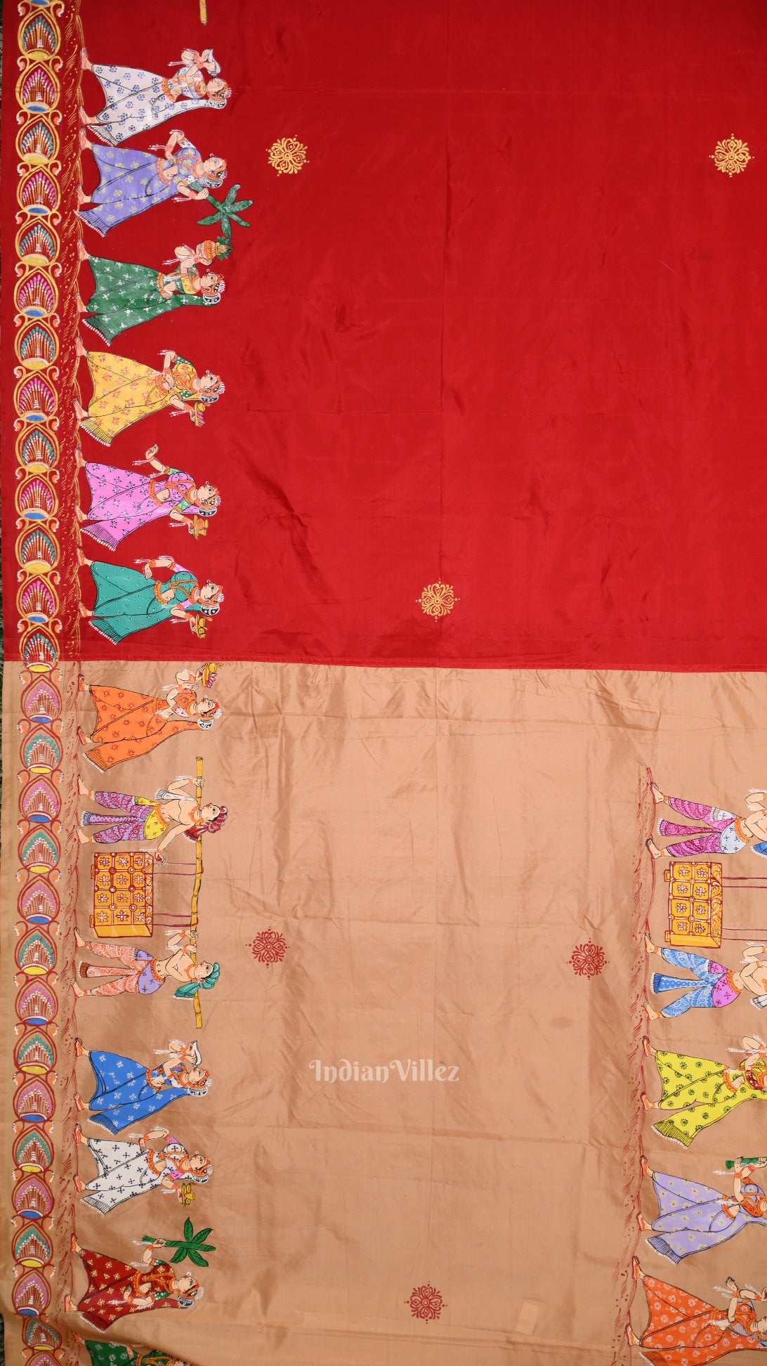 Golden  Red Boita Theme Hand-Painted Pattachitra Saree 