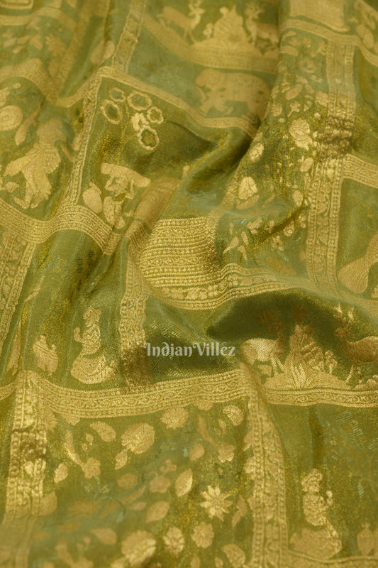 Parrot Green Shikargah Theme Banarasi Tissue Silk Saree