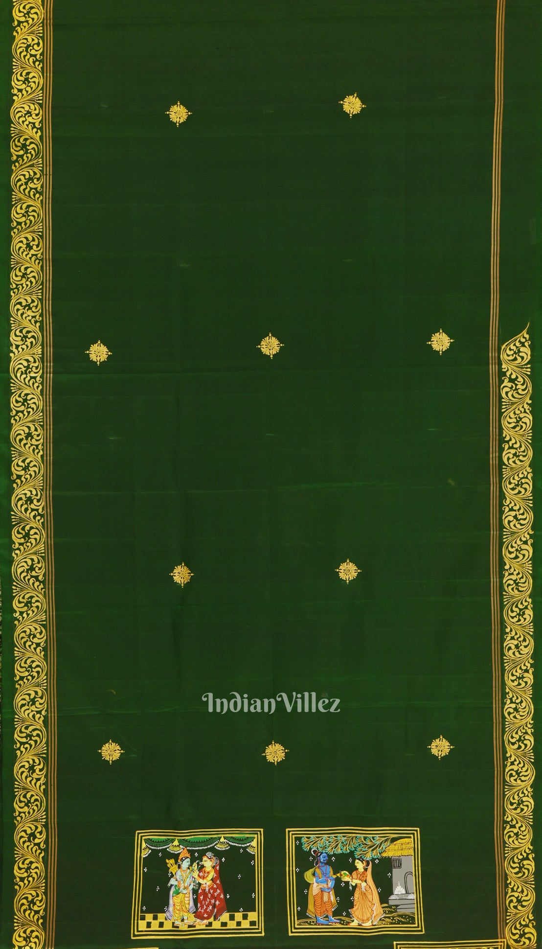 Green With Light Pink Ramayan Theme Hand-Painted Pattachitra Saree